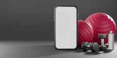 金属哑铃红色的fit-ball喝水瓶白色屏幕移动模型设备健身黑色的背景呈现
