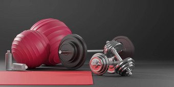 体育运动健身设备瑜伽席健身球瓶水哑铃杠铃黑色的背景呈现