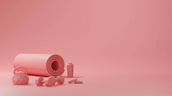 体育<strong>运动健身</strong>设备<strong>瑜伽</strong>席壶铃瓶水哑铃粉红色的颜色女概念呈现