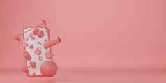 体育运动健身设备白色屏幕移动模型红色的瑜伽席适合球瓶水哑铃杠铃粉红色的背景呈现