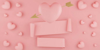 情人节一天概念粉红色的心气球黄金箭头横幅粉红色的背景呈现