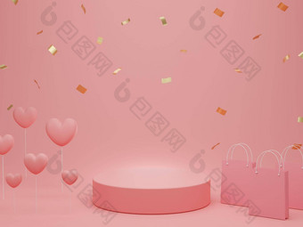 情人节一天讲台上产品站心购物袋黄金闪闪发光的柔和的粉红色的背景复制空间呈现