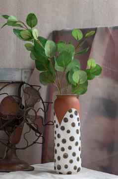 绿色叶手工制作的陶瓷花瓶古董风扇白色变形表格布水泥墙