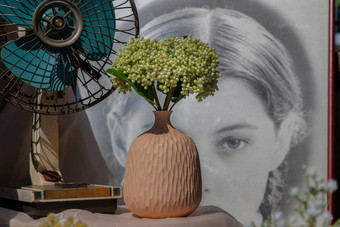 花束绿色花手工制作的<strong>陶瓷花瓶</strong>古董风扇粉红色的变形表格布前面经典中国人海报电影框架