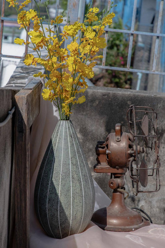 花束黄色的花绿色西瓜形状陶瓷花瓶古董风扇粉红色的变形表格布水泥墙阳台房子