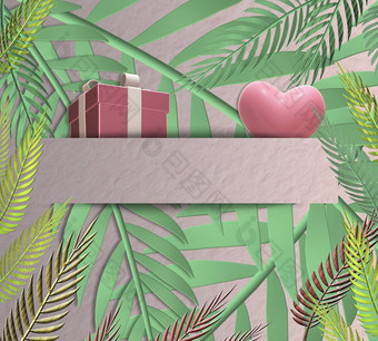礼物盒子粉红色的心绿色叶子浪漫的事件