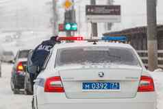 图拉俄罗斯2月俄罗斯警察车冬天降雪一天光缩写dps意味着路巡逻服务