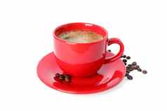 红色的杯咖啡咖啡豆子孤立的白色背景咖啡时间配件