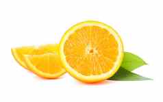 成熟的橙色块叶子孤立的白色背景柑橘类食物