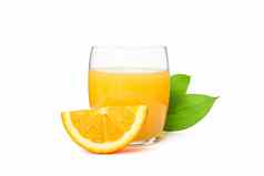 玻璃新鲜的橙色汁橙色叶子孤立的白色背景新鲜的自然喝