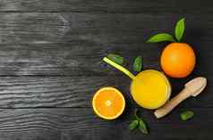 平躺作文新鲜的橙色汁木榨汁机薄荷橙子木背景前视图空间文本新鲜的自然喝水果
