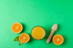 平躺作文新鲜的橙色汁木榨汁机橙子叶子颜色背景空间文本新鲜的自然喝