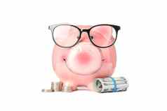 快乐小猪银行眼镜钱孤立的白色背景金融储蓄钱