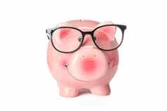 快乐小猪银行眼镜孤立的白色背景金融储蓄钱