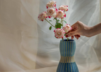 手年轻的女人蓝色的手工制作的<strong>陶瓷花瓶</strong>花束花脸红变形表格布