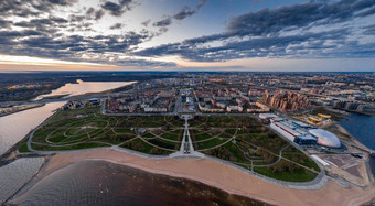 俄罗斯彼得堡空中全景图像滨海边疆区区日落公园周年纪念贸易中心彼得兰公共海滩晚上照明