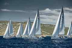 克罗地亚亚得里亚海海9月帆船竞争帆赛船会帆船比赛反射帆水数量船船尾船岛背景清晰的天气