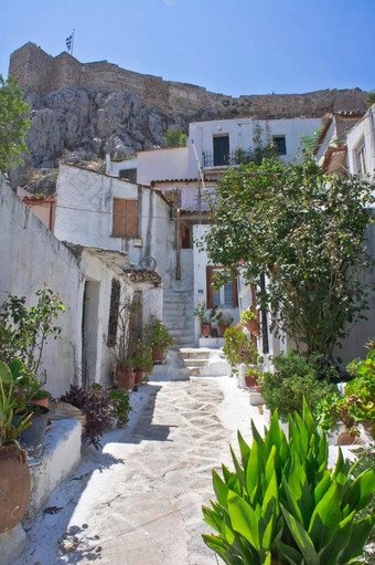雅典Plaka阿纳菲奥蒂卡城市街视图小传统的房子希腊欧洲