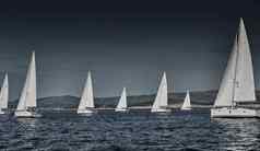 帆船竞争帆赛船会日落比赛帆船反射帆水五彩缤纷的大三角帆数量船船尾船岛背景清晰的天气