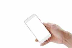 移动电话模型白色屏幕男人。手持有智能手机触碰屏幕孤立的白色背景复制空间剪裁路径