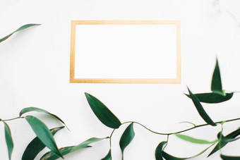 空白白色黄金卡绿色叶子白色背景植物框架平铺婚礼邀请品牌平躺设计