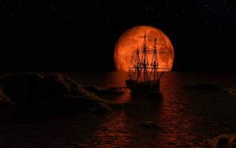 帆船完整的红色的月亮