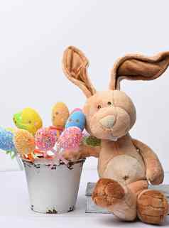 泰迪兔子坐着白色背景装饰色彩斑斓的复活节鸡蛋