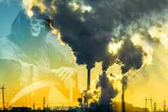 日落工业城市工厂烟囱烟环境问题环境大气污染气候改变环境灾难天空烟雾缭绕的有毒物质
