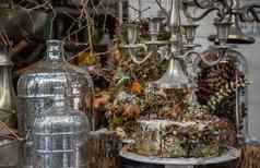 古董烛台干植物干花松视锥细胞玻璃瓶装修木表格咖啡馆