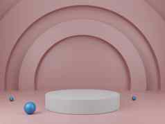 白色讲台上轮基座蓝色的球装饰粉红色的背景展示产品演讲呈现