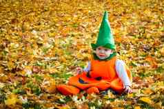 婴儿男孩穿着南瓜坐着公园秋天