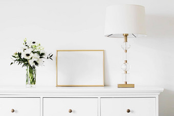 金水平框架花束新鲜的花白色家具奢侈品首页装饰设计模型创建