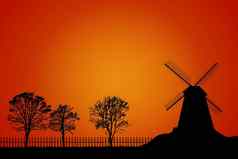 景观风车树栅栏轮廓橙色天空背景荷兰农村风景风机日落股票向量插图