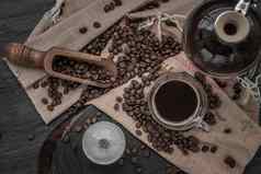咖啡风格杯咖啡咖啡豆子旋转木独家新闻咖啡豆子木黑暗石头背景
