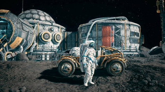 宇航员站月球探测器空间月亮基地视图月球表面月球殖民地呈现