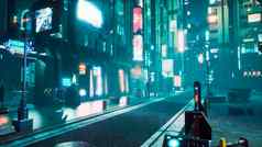 废弃的霓虹灯多雾的街数码城黑暗孤独的建筑视图未来小说城市呈现