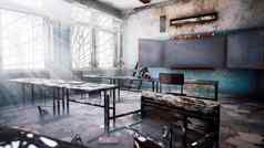 被遗弃的毁了学校垃圾尘土飞扬的地板上视图被遗弃的世界末日学校呈现