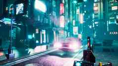 飞行汽车冲霓虹灯晚上街城市未来视图未来城市呈现