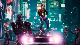 女孩舞蹈嘻哈未来主义的车包围<strong>安卓机</strong>器人街晚上城市视图小说城市呈现