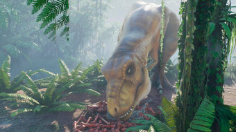 暴龙雷克斯恐龙慢慢地毛骨悚然的感觉猎物灌木丛绿色史前丛林视图绿色史前丛林森林阳光明媚的早....呈现
