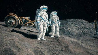 宇航员月球探测器欣<strong>赏月</strong>球基地月球殖民地视图月球表面空间基地呈现