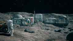 宇航员月球探测器欣赏月球基地月球殖民地视图月球表面空间基地呈现