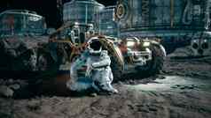 宇航员休息月球探测器欣赏地球视图月球表面空间基地呈现