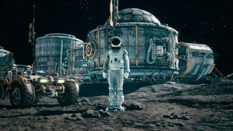 宇航员研究员敬礼背景空间基地行星漫游车呈现