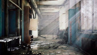 被遗弃的神秘的房子骨架垃圾尘土飞扬的地板上视图被遗弃的世界末日房子呈现
