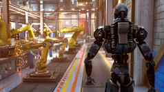 未来主义的机器人检查自动生产行车工厂呈现