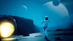 宇航员资源管理器玩高尔夫球美丽的外星人地球呈现