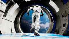 宇航员跳跃宇宙飞船外空间呈现