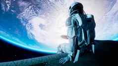 宇航员坐在翼宇宙飞船波动腿蓝色的地球呈现
