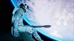 宇航员坐在翼宇宙飞船波动腿蓝色的地球呈现